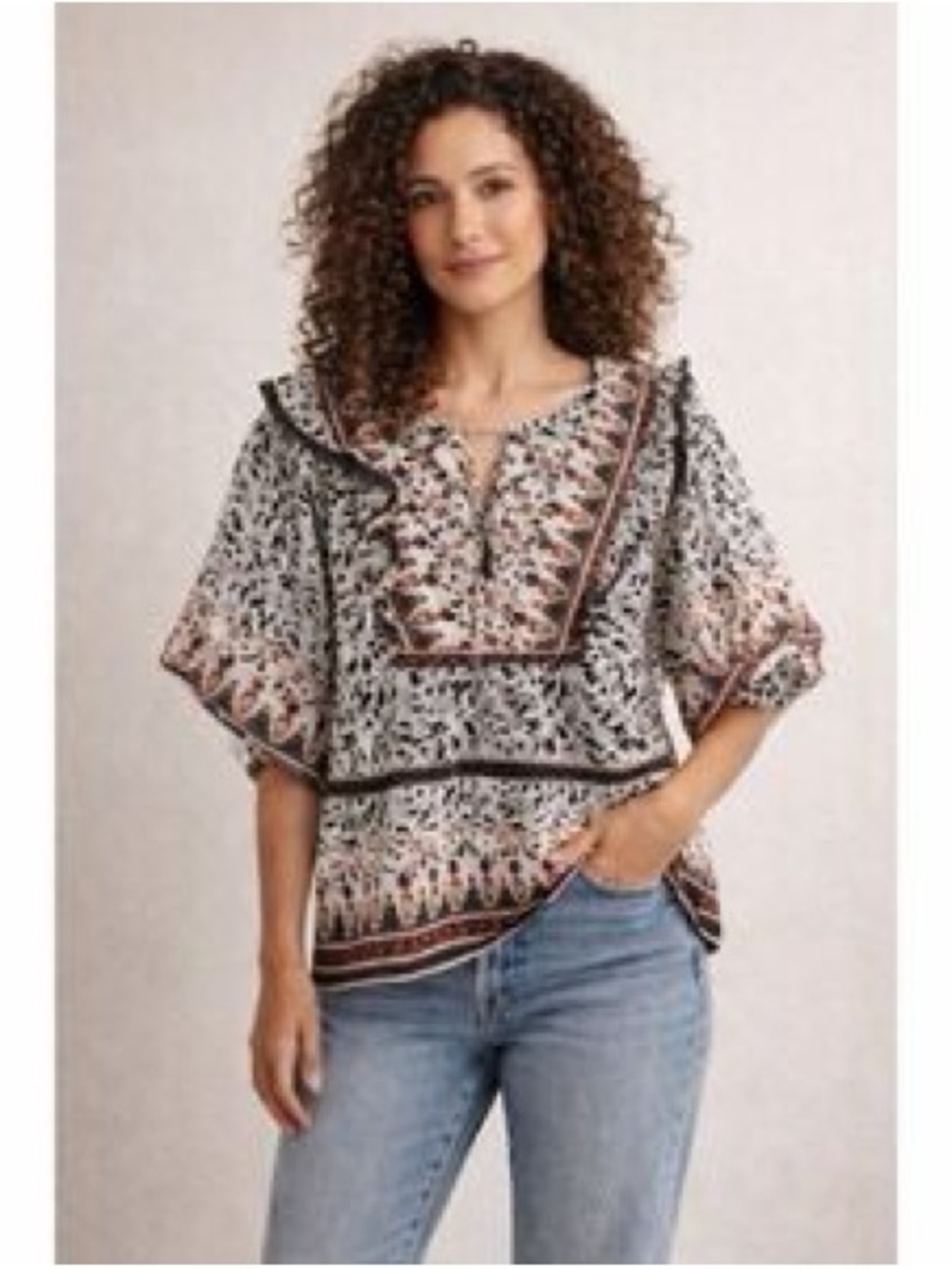Calypso St. Barth Cream and Black Printed Flutter Tunic